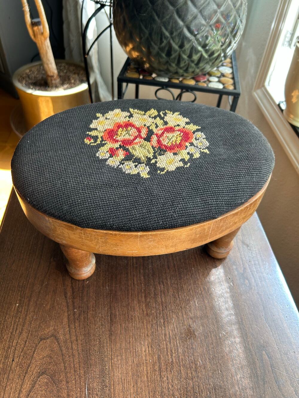 Vintage Oval Small Floral Needlepoint Wooden Base Foot Stool